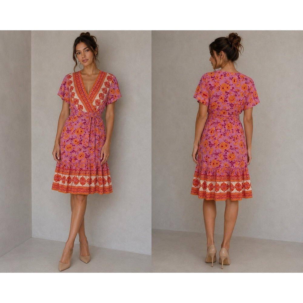 ZESICA‎ Boho Floral Wrap Dress Pink Orange Midi Knee Length Cottagecore M/L